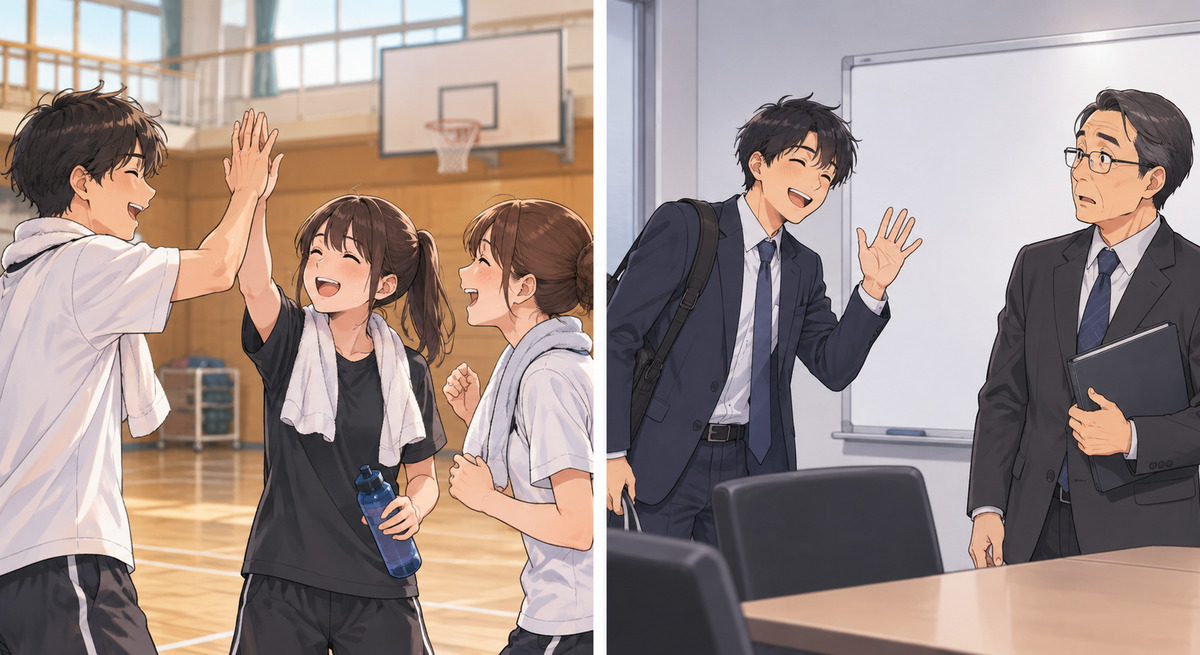 Illustration in two panels: teammates high-five after practice, where a casual お疲れ fits, then a learner speaks too casually to a manager after a formal meeting, where お疲れ様でした would be safer
