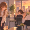 Illustration: at sunset in an office, a coworker with a bag leaves first with a small bow while two colleagues at their desks smile and wave, the moment for お疲れ様です