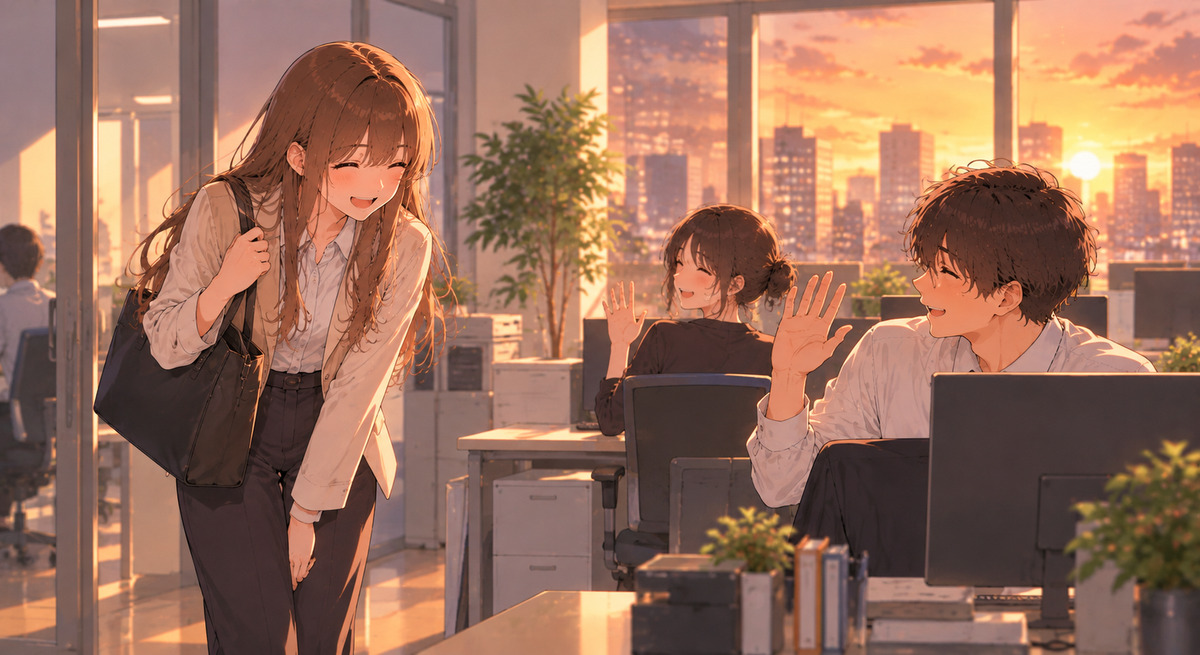 Illustration: at sunset in an office, a coworker with a bag leaves first with a small bow while two colleagues at their desks smile and wave, the moment for お疲れ様です