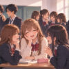 Illustration: one classroom where students gather in several separate friend groups, boys joking together and girls chatting at their desks, showing groups within a single class