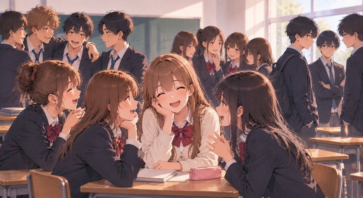 Illustration: one classroom where students gather in several separate friend groups, boys joking together and girls chatting at their desks, showing groups within a single class
