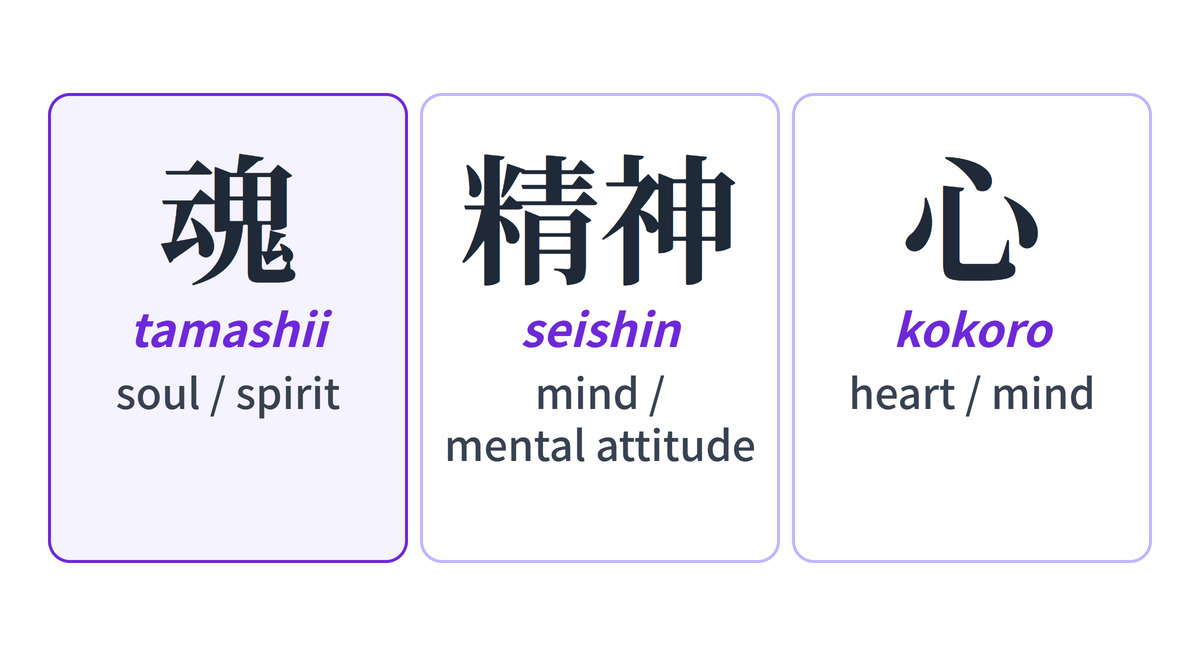 Comparison: 魂 (tamashii), soul or spirit; 精神 (seishin), spirit as mind or mental attitude; 心 (kokoro), heart or mind.