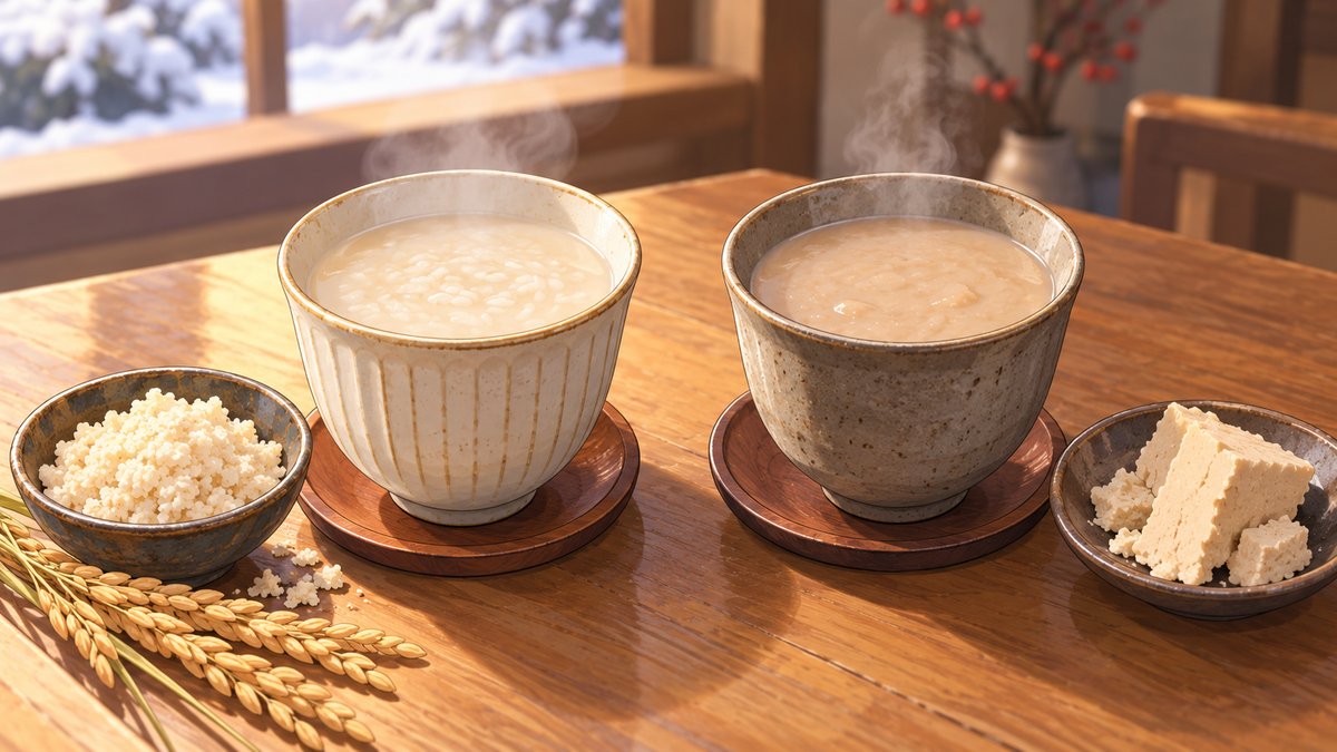 Two cups of warm amazake side by side, one beside a bowl of rice koji and one beside a block of sake lees
