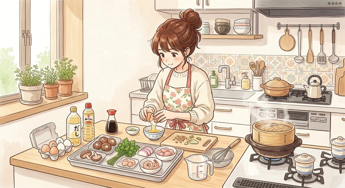 A cook cracks an egg beside trays of shrimp, mushrooms, and other fillings
