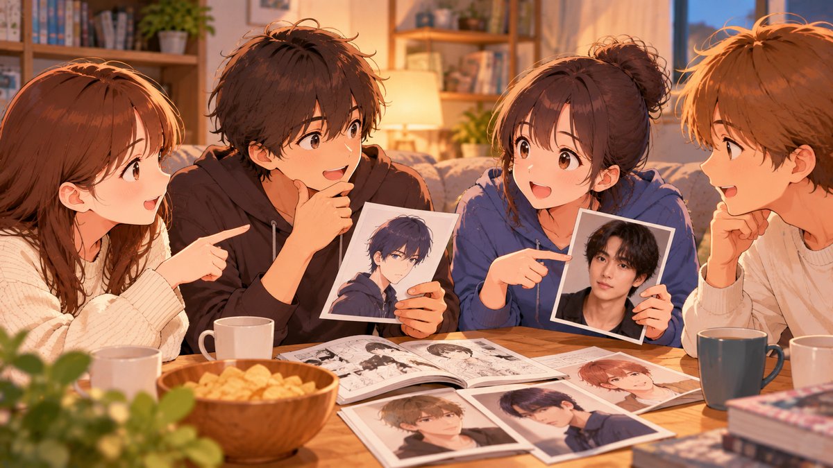 Friends compare a drawn character with a photo of an actor while talking about a live-action casting