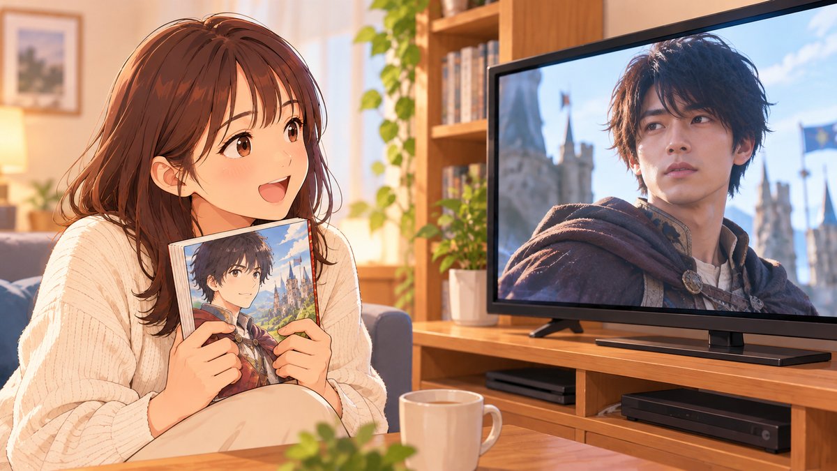 A fan holds up a manga volume and smiles at a TV showing a live actor dressed like the drawn character on its cover