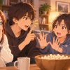 Friends on a sofa react as one starts to reveal a story: one covers her mouth and another holds up both hands to stop him