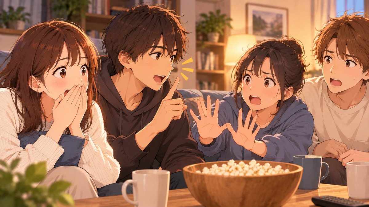 Friends on a sofa react as one starts to reveal a story: one covers her mouth and another holds up both hands to stop him