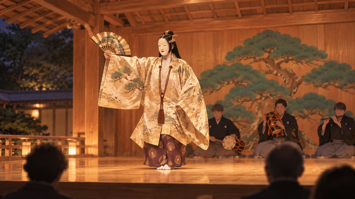 A masked Noh performer holding a fan on a bare wooden stage with a painted pine backdrop, musicians seated behind