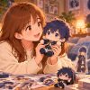 A fan smiles at a small plushie of her favorite character, surrounded by goods of the same character
