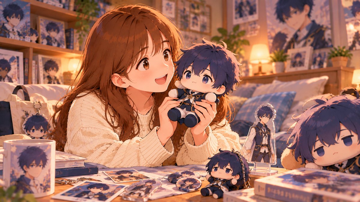 A fan smiles at a small plushie of her favorite character, surrounded by goods of the same character