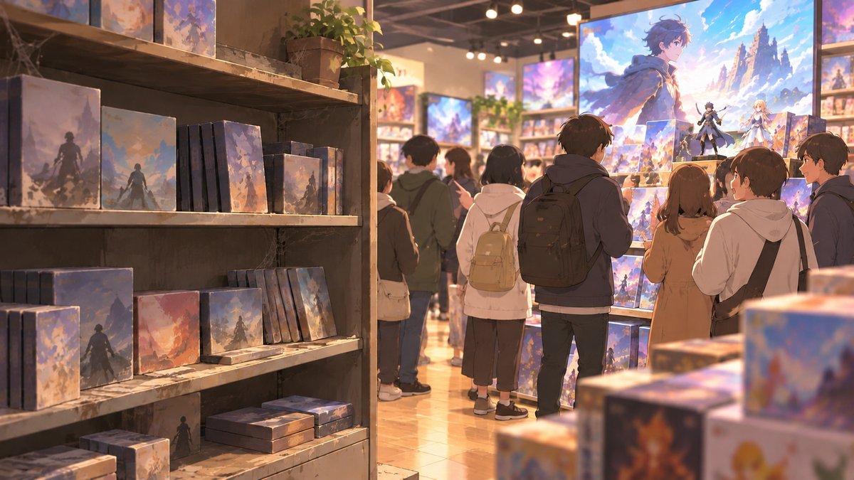 A dusty shelf of an old game series with no shoppers, while a crowd gathers at a bright new display across the shop