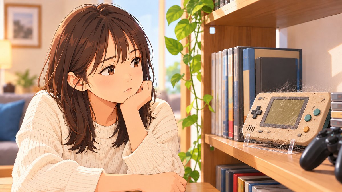 A young woman rests her chin on her hand and looks at a dusty old handheld game console covered in cobwebs on a shelf