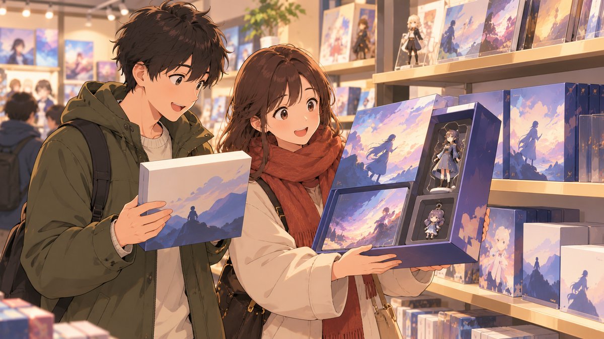 Two shoppers compare a plain standard box with a larger limited-edition box holding a figure and a keychain