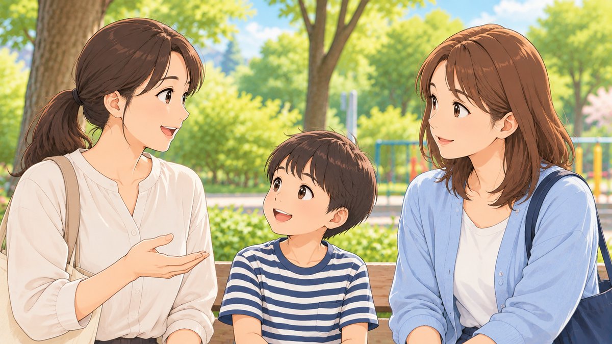 Two mothers talk on a park bench while a young child sits between them