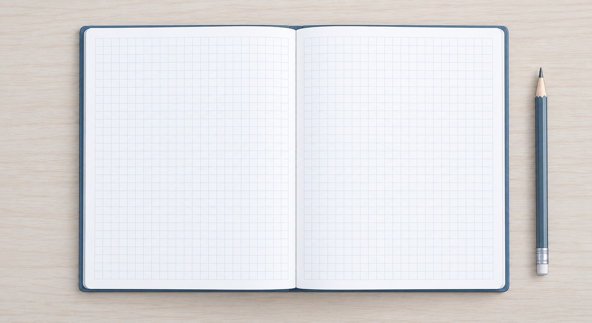 A top-down view of an open squared exercise book with completely blank pages and a single pencil beside it on a bare desk, with no one present.