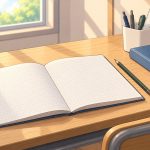 An open squared exercise book with a completely blank page, a pencil, and a closed book on a study desk, with no one present.