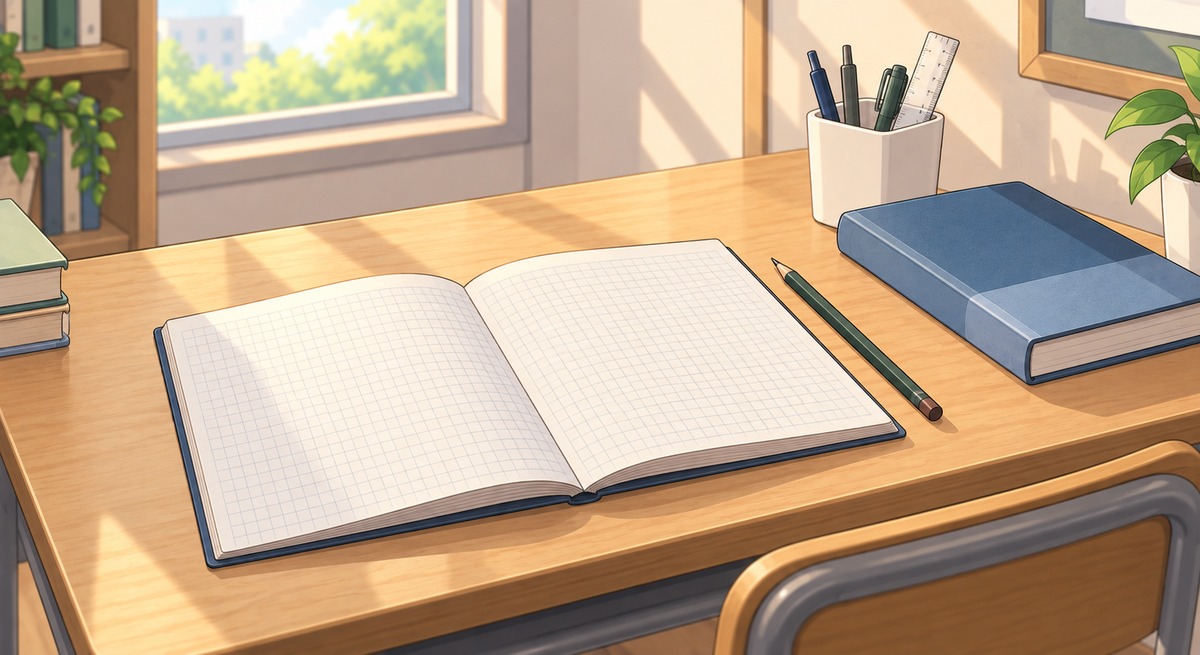 An open squared exercise book with a completely blank page, a pencil, and a closed book on a study desk, with no one present.