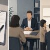 Three employer-side evaluation methods shown as a form, an interview, and shared criteria