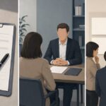 Three employer-side evaluation methods shown as a form, an interview, and shared criteria