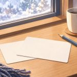 A quiet winter still-life by a window with falling snow: two small blank note cards, a pencil and a mug on a wooden table, with no one present.