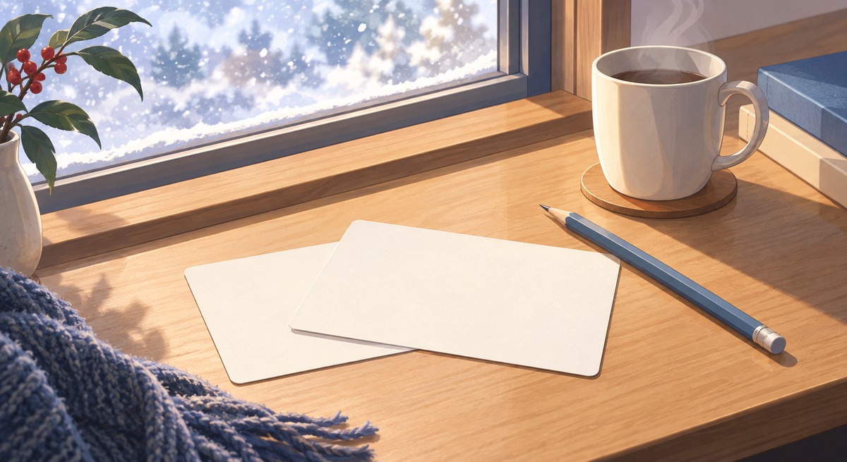 A quiet winter still-life by a window with falling snow: two small blank note cards, a pencil and a mug on a wooden table, with no one present.