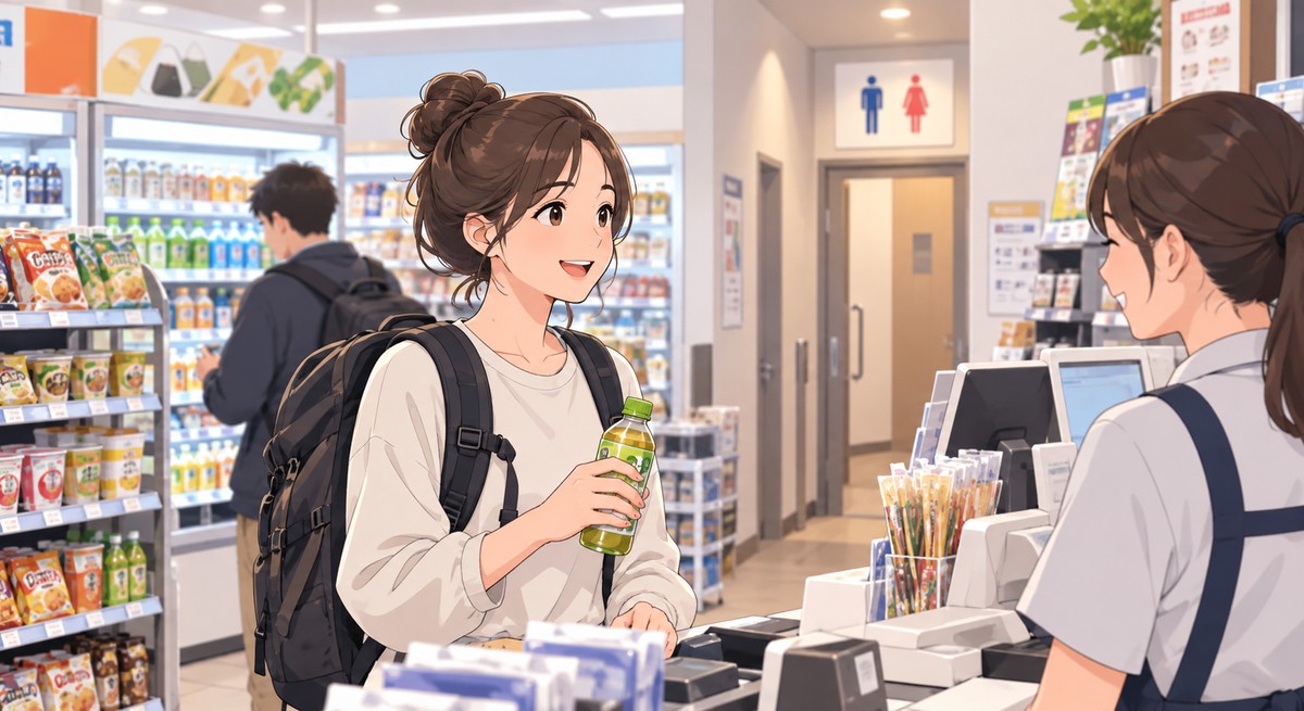 Traveler buying a small drink at a convenience store checkout in Japan.