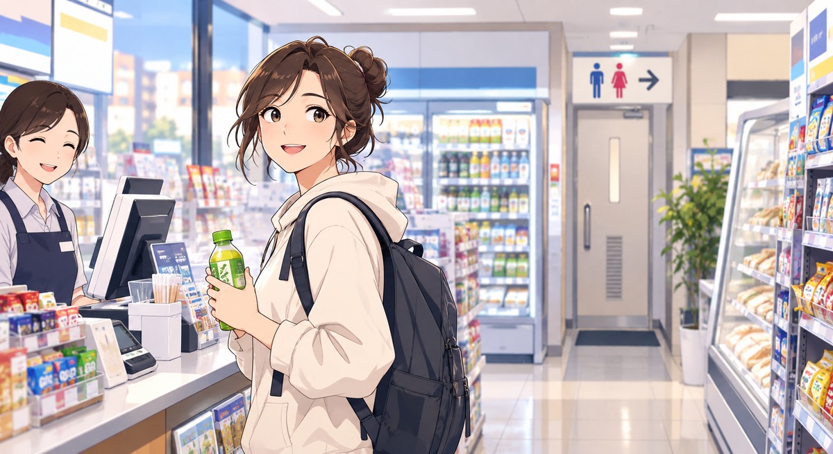 Traveler checking a restroom sign inside a Japanese convenience store.