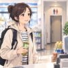Traveler inside a Japanese convenience store holding a drink, with a restroom visible in the background.