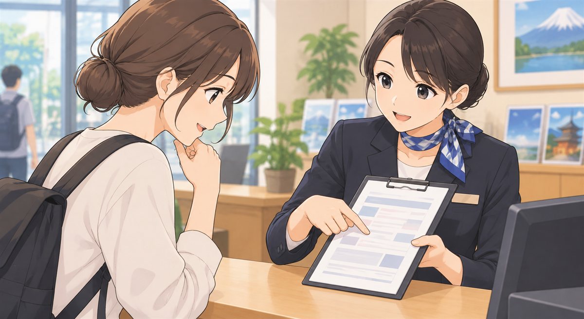 Traveler confirming details on a document with staff in Japan