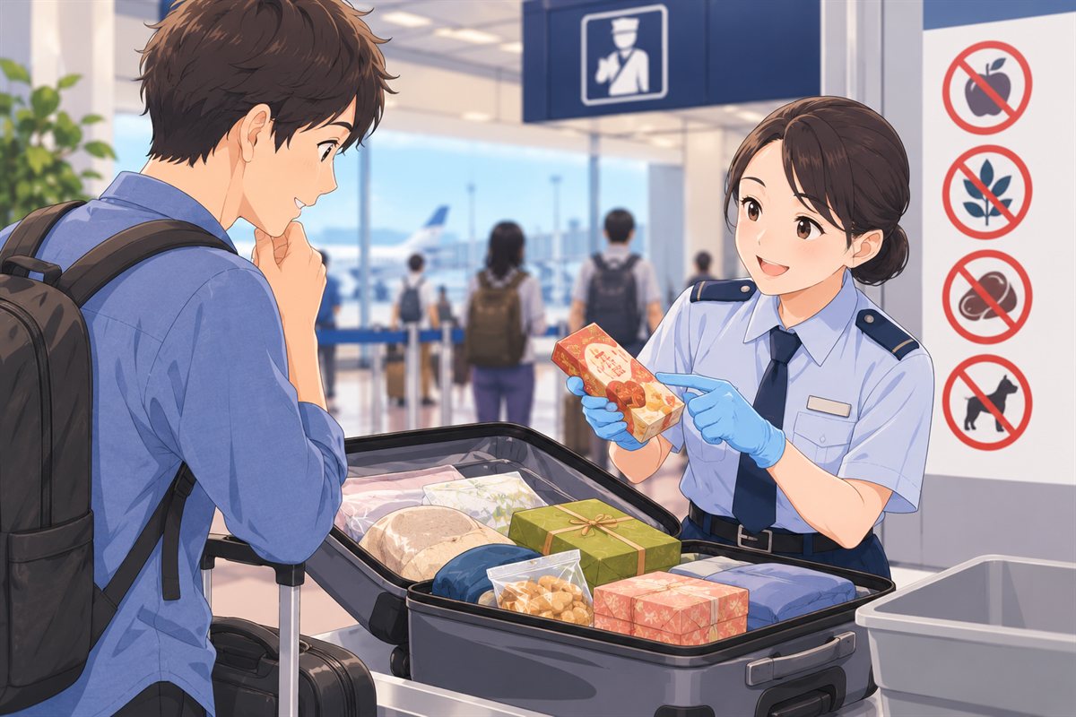 Traveler asking customs staff about gifts and food brought into Japan