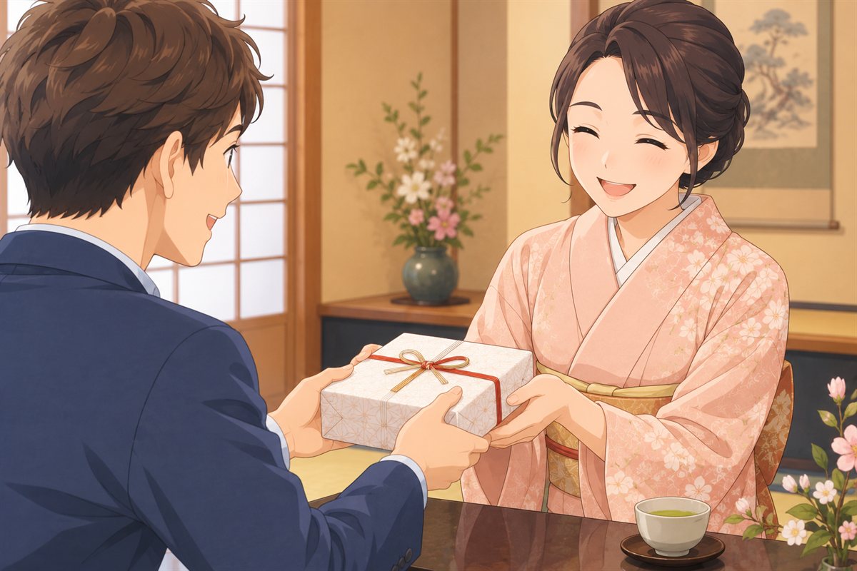 Person giving a carefully wrapped gift in Japan