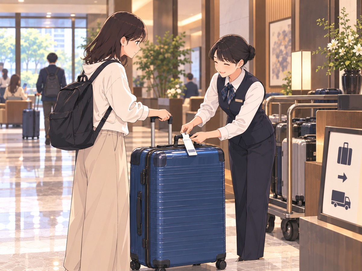 Hotel staff attaching a delivery tag to a traveler's large suitcase in Japan