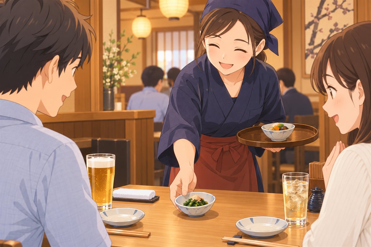 Restaurant staff serving a small otoshi appetizer at an izakaya in Japan