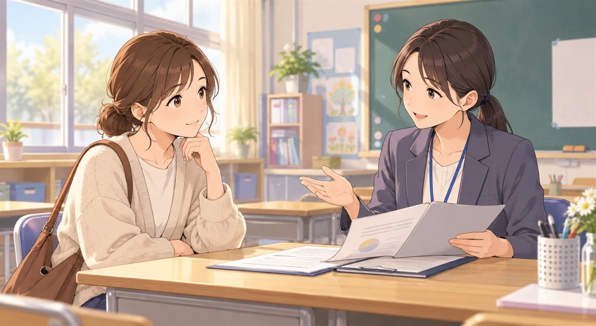 Parent discussing a child's schoolwork with a teacher in Japan