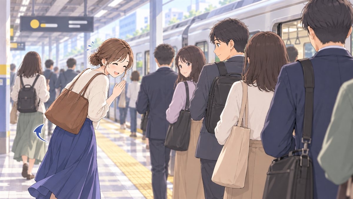 Traveler politely moving back after accidentally cutting into a queue in Japan