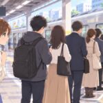 Traveler looking for the end of a queue at a train platform in Japan