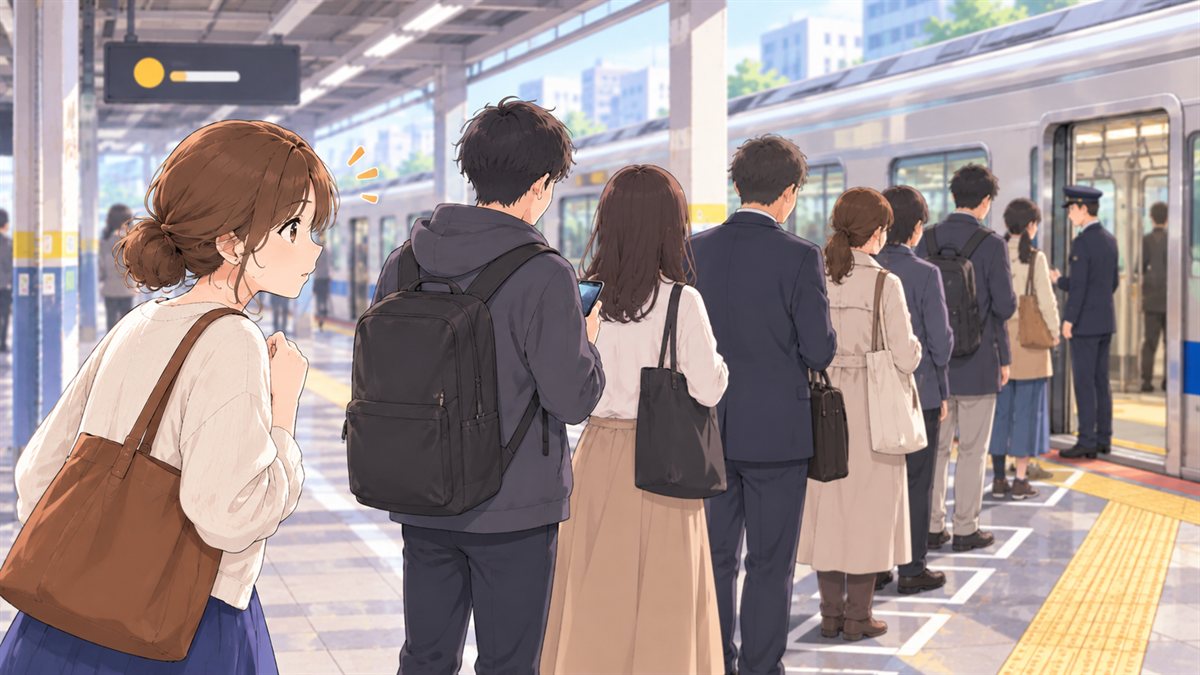 Traveler looking for the end of a queue at a train platform in Japan