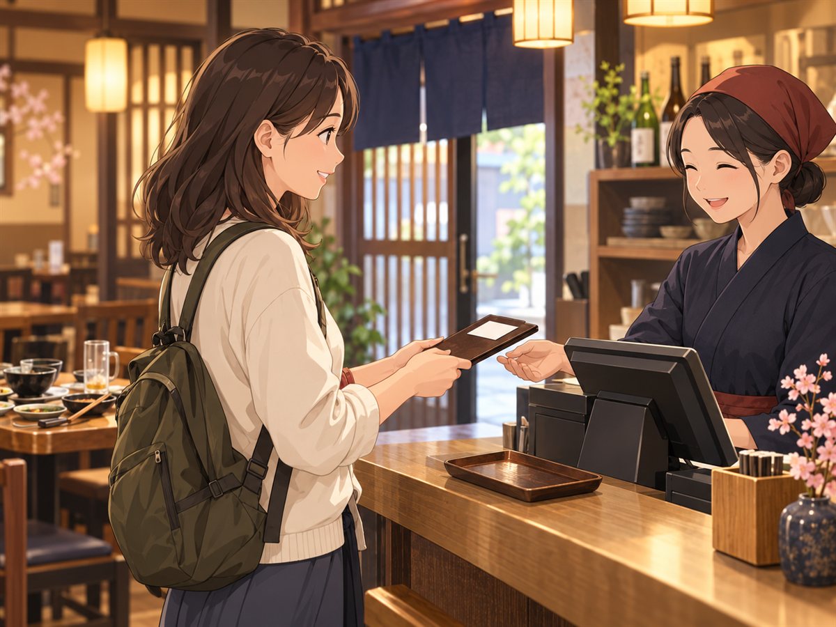 Traveler paying at a casual restaurant in Japan