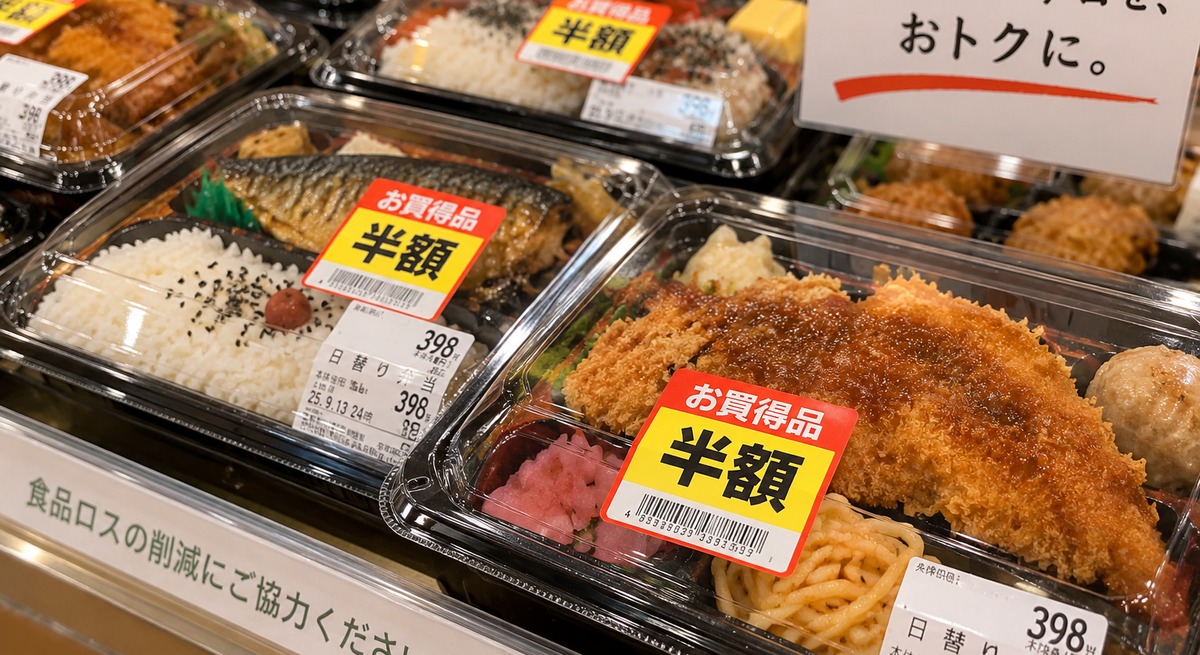 Discounted bento boxes with half-price stickers at a Japanese supermarket