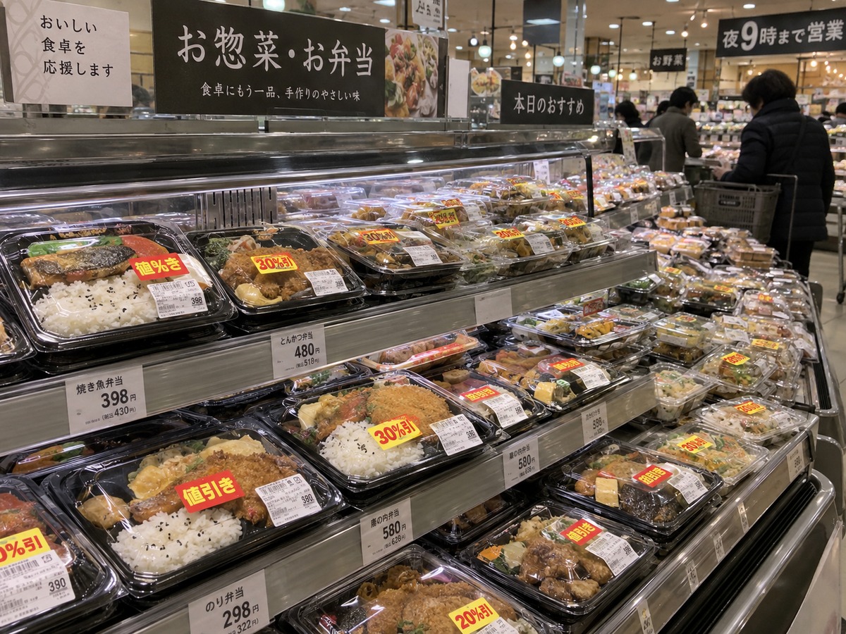 Evening bento and prepared food section in a Japanese supermarket with discount stickers