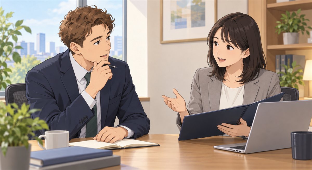 Employee asking for clarification during a workplace evaluation meeting in Japan