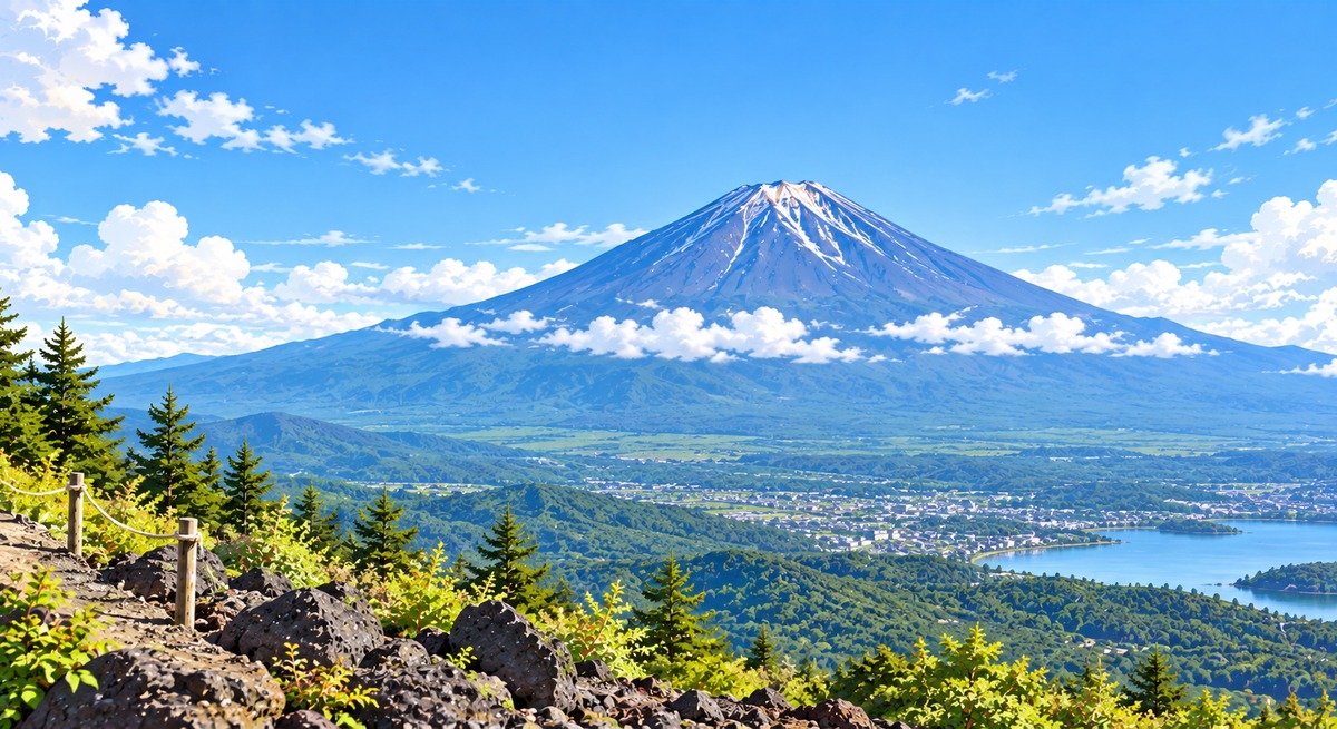 Mount Fuji rising above green foothills under a clear summer sky.