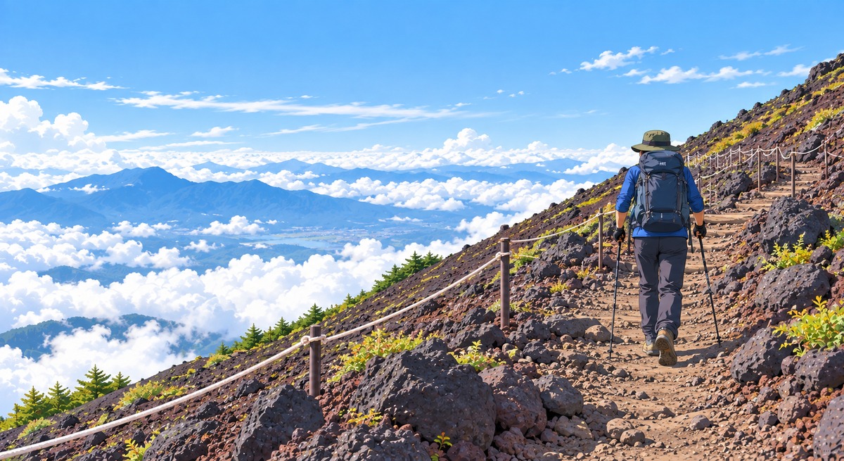 Hiker climbing a volcanic trail on Mount Fuji above the clouds.