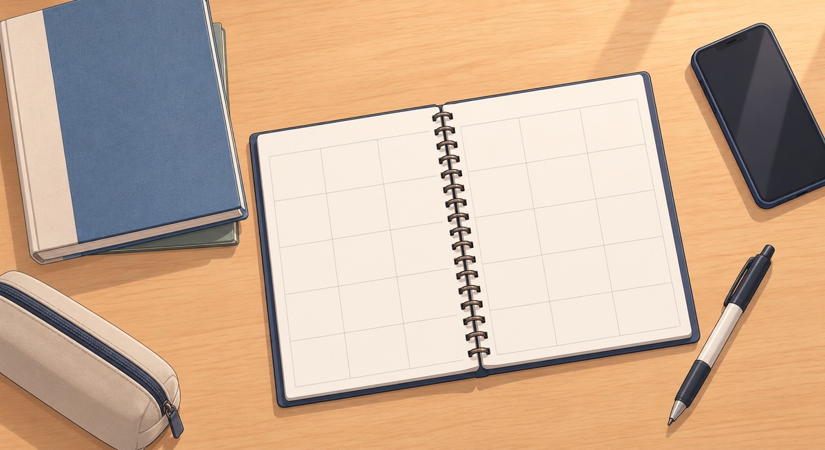 A blank weekly planner, a pen, a closed study book, and a phone arranged on a quiet desk with no one present.