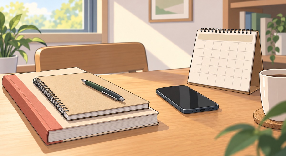 An empty chair at a plain table with closed Japanese-language study books, a pen, and a blank calendar, and no one present.