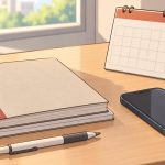 A closed Japanese-language textbook and notebook beside a phone and a plain calendar on a quiet desk, suggesting a lesson that did not take place.