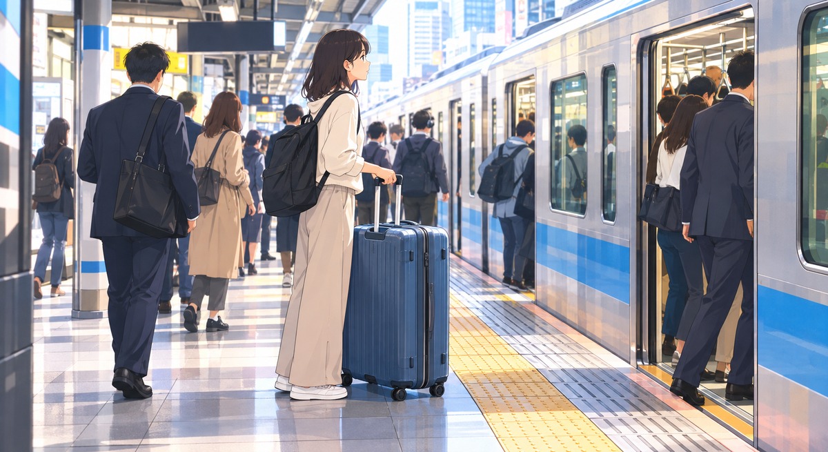 Traveler with a large suitcase at a busy urban train station in Tokyo.