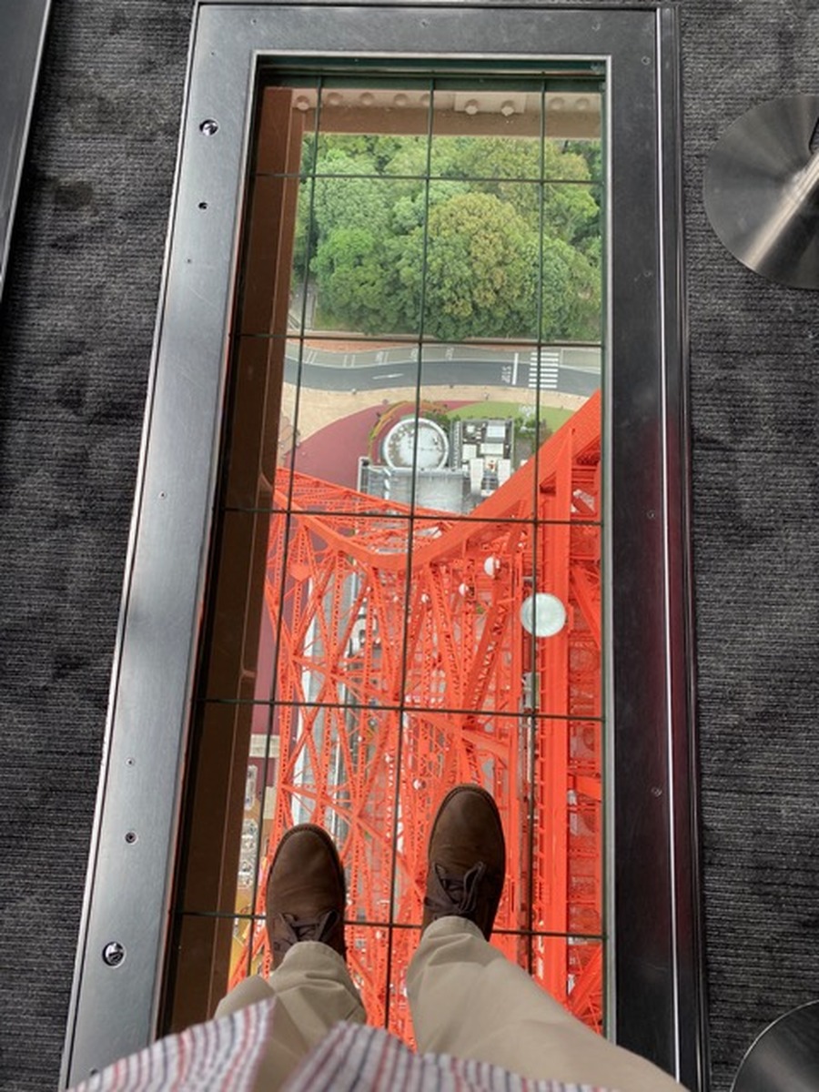 View through the glass floor at Tokyo Tower after reaching the Main Deck.