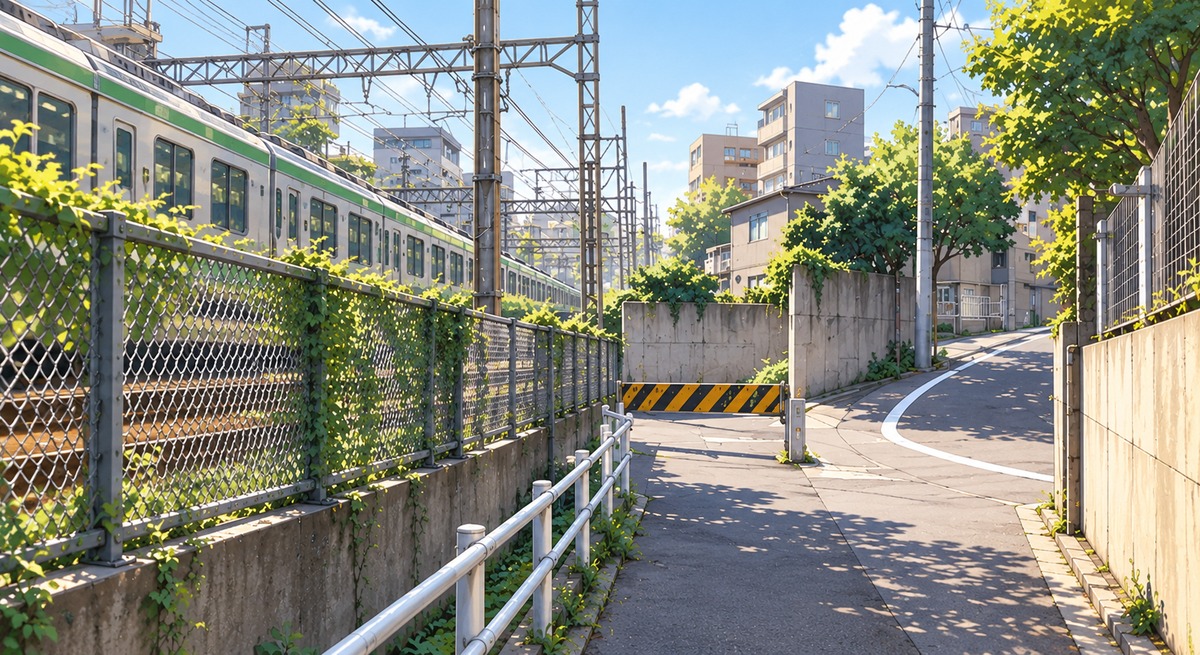 Illustration of a quiet street running beside an urban railway, with the street bending away from the tracks and a barrier blocking the road ahead.